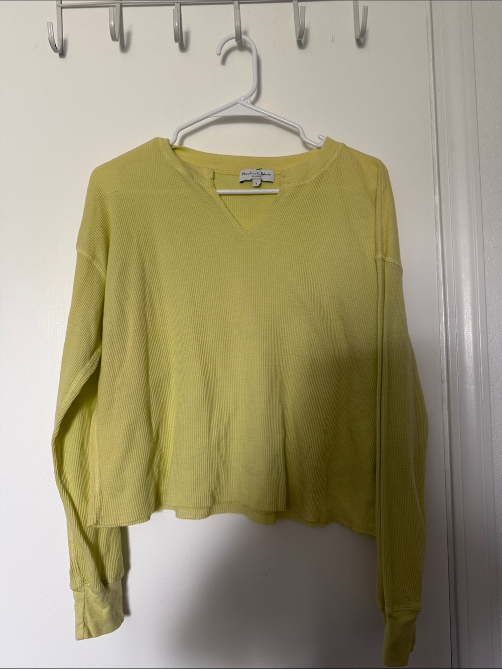 Michael Stars Yellow Waffle-Knit V-Notch Long Sleeve Top